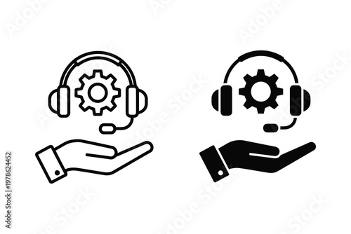 Customer support icon with headphones and gear on hand, flat design vector illustration