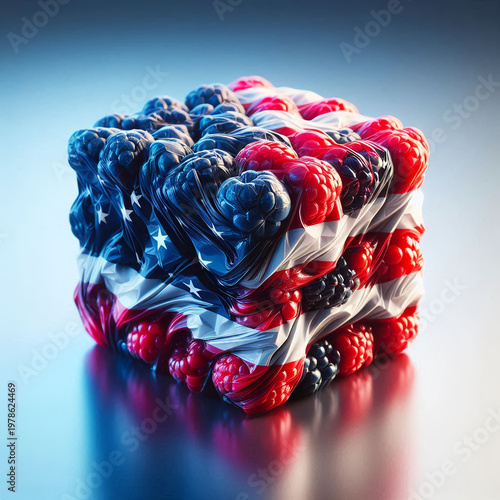 A broken ice cube with fruit and a flag, Compressed Ice Cube with Berries and Flag