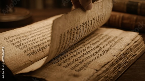 Close up of a hand turning the fragile pages of an ancient sanskrit manuscript in a library.
