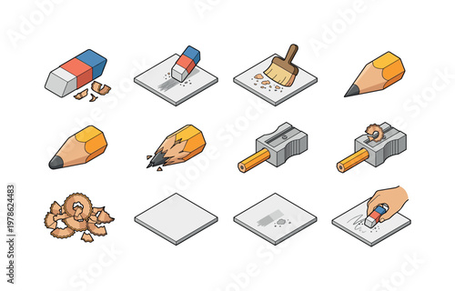 Eraser with shavings, erasing pencil line, cleaning eraser crumbs, sharpened pencil tip, dull pencil tip, broken pencil tip,