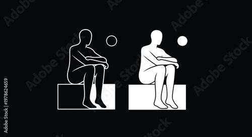 A minimalist depiction of two seated figures with spheres presented in stark black and white