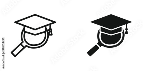 Magnifying glass examining graduation caps in contrasting styles