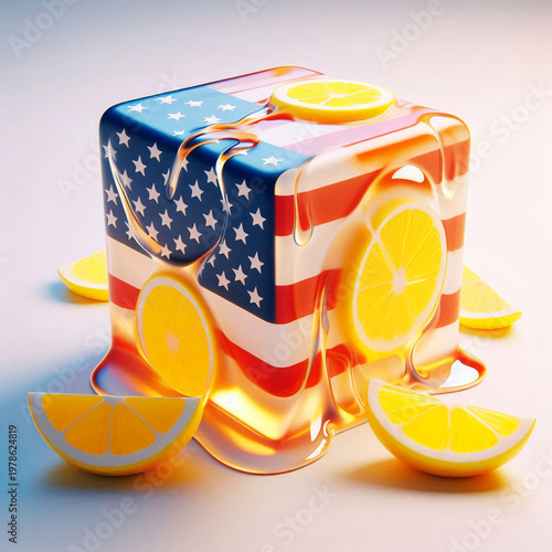 A broken ice cube with fruit and a flag, Ice Cube with Flag and Honey Drip