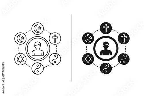 Interconnected diverse world religions and beliefs around a central person, flat design vector illustration