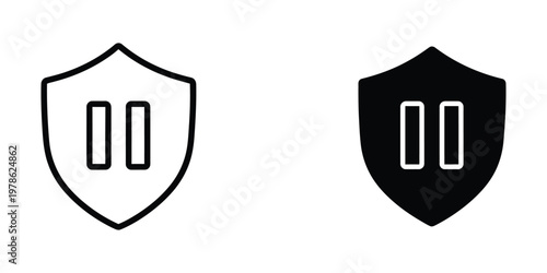 Contrasting shield icons featuring a vertical double-bar symbol in white and black versions
