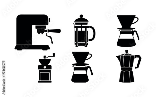 Coffee brewing tools including espresso machine, french press pot, pour over dripper, coffee grinder, stovetop moka pot, bold