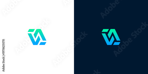 Abstract geometric logo design with gradient blue and green colors, representing innovation and modern technology concepts, suitable for business and digital platforms