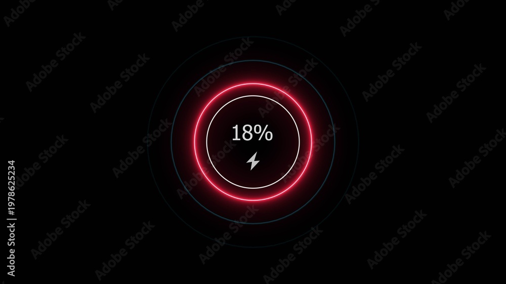 Fototapeta premium Neon countdown loading 18% battery charging icon illustration background.