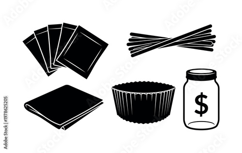 Coffee shop accessories including sugar packets, stir sticks bundle, napkin folded, coffee sleeve holder, tip jar container, bold