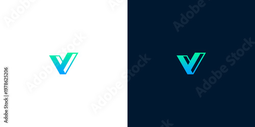 Modern abstract letter V logo with blue-green gradient on white and dark blue backgrounds