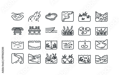 Fishing bait environments with lakes rivers ponds shorelines reeds and aquatic habitats clean monoline outline icon set showing