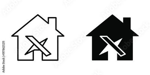 Contrast between outline and filled house icons with crossed interior symbols