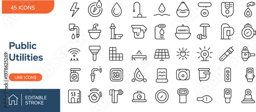 Public utilities line icons set featuring water supply, electricity, sanitation, renewable energy, infrastructure symbols with editable stroke minimal outline design