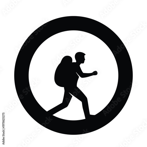 Hiker silhouette with backpack walking in a circle frame travel and adventure icon