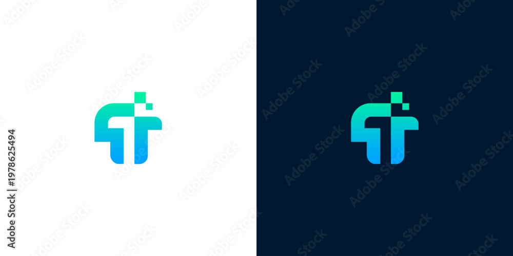 Obraz premium Modern abstract logo featuring the letter 'F' with a digital pixel element, presented in two color variations on white and dark backgrounds