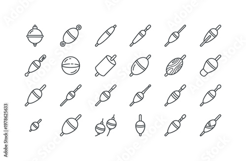 Fishing floats with bobbers, stick floats, round floats, slip floats and colorful water surface indicators clean monoline outline