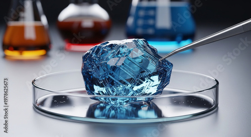 A large blue diamond being examined with a metal tool in a laboratory setting