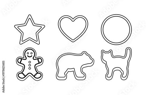 Cookie cutters in various shapes including star cutter, heart cutter, round cutter, gingerbread man cutter, animal shape cutter,
