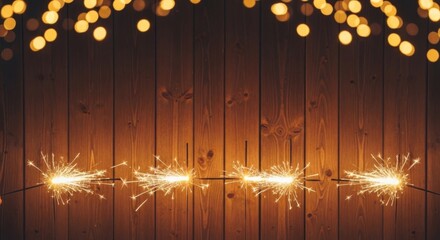 Sparklers on a wooden background with a string of fairy lights.