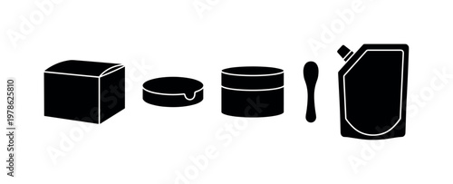 Cosmetic jar packaging elements including outer box package, protective seal lid, inner cream container, spatula applicator tool,