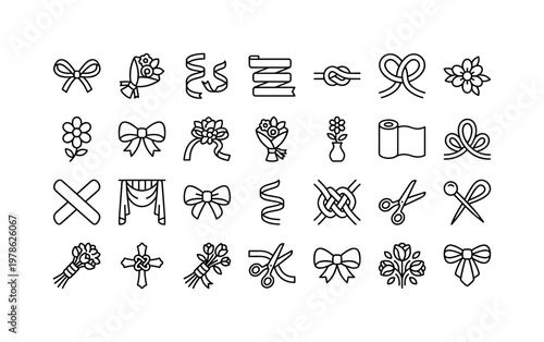 Floral ribbon usage with tying, wrapping, curling, layering, knotting, looping, and decorating flowers clean monoline outline icon