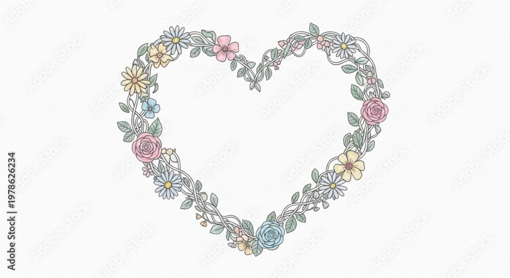 Obraz premium Heart shaped floral wreath with colorful flowers and leaves on white background for love and romance concepts