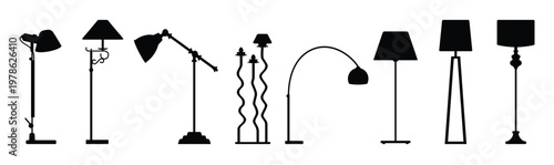 Black floor lamps with different positions and designs  modern home lighting solutions. Icons floor icon lighting living light lamp vector room uplight pole corner, vector illustration.
