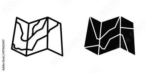 Abstract geometric depiction of folded paper or map with contrasting black and white designs