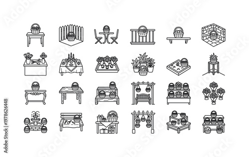 Flower basket environments with tabletops, garden corners, patios, balconies, shelves, and decorative spaces clean monoline