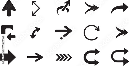 Collection of various black arrow icons on white background
