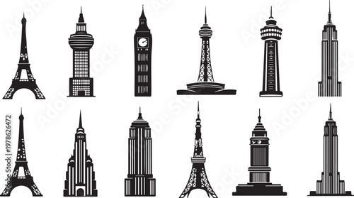 Famous landmarks and towers from around the world in black