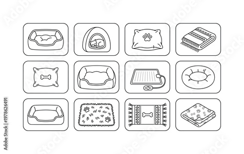 A cozy animal bedding arrangement with a dog bed, cat bed, cushion, blanket, pillow, bolster bed, heated pad, round bed,