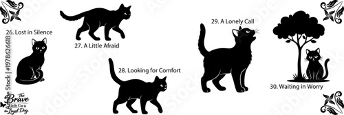 Black cat silhouettes and floral patterns on a white background