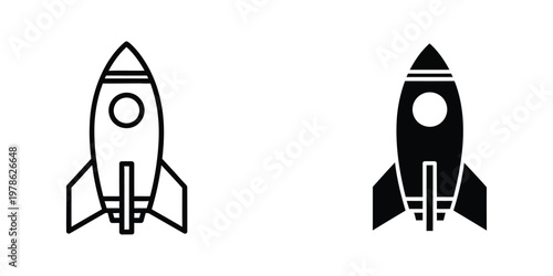 Contrasting designs of a rocket ship in outline and filled black styles