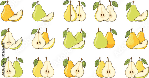 Pear Fruit Cartoon Set with Whole, Half and Sliced Variations in Different Colors for Food Illustration, Healthy Nutrition Design and Organic Produce Graphics