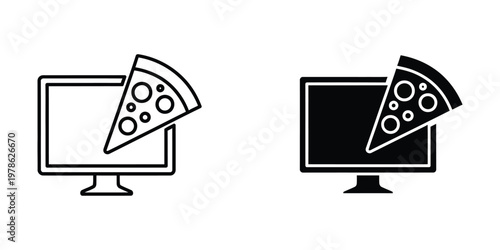 Two computer monitors each displaying a slice of pizza on their screens in contrasting styles