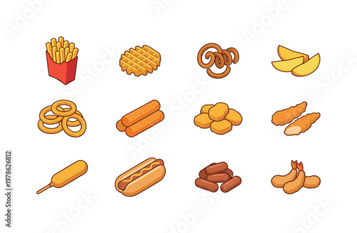 Collection of popular fried fast food items in a cartoonish isometric style