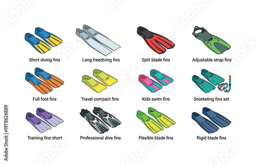 Short diving fins, long freediving fins, split blade fins, adjustable strap fins, full foot fins, travel compact fins, kids swim