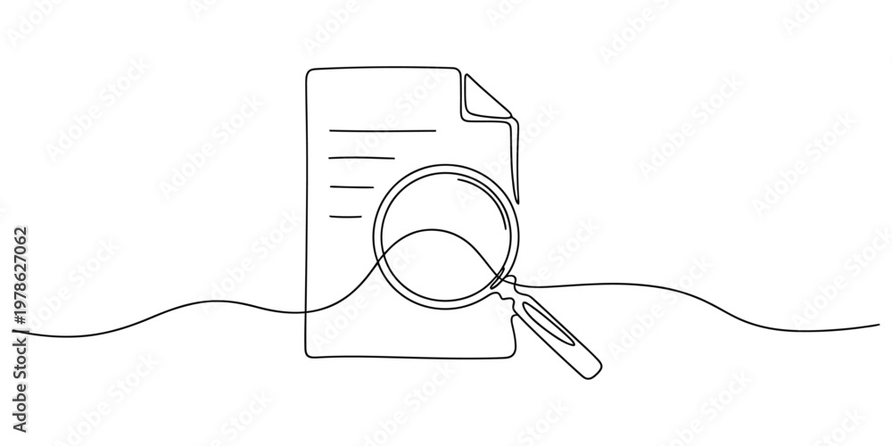 Obraz premium Continuous Line Drawing of Document with Magnifying Glass