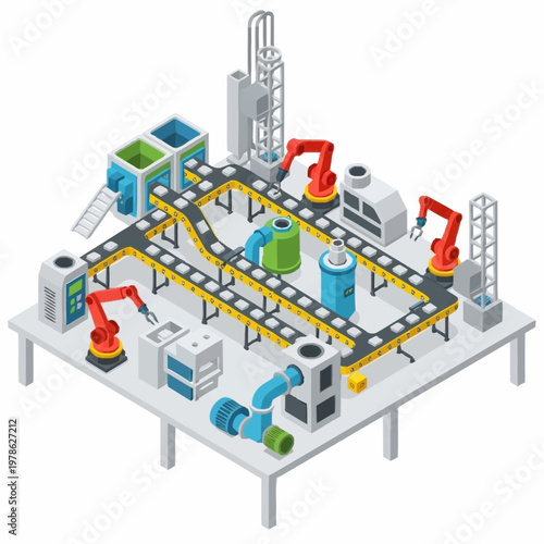 Automated Industrial Production Line with Robotic Arms.