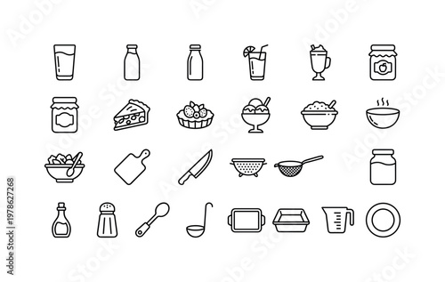 Fruit products and kitchen uses with juices jams desserts preserves and food preparation items clean monoline outline icon set