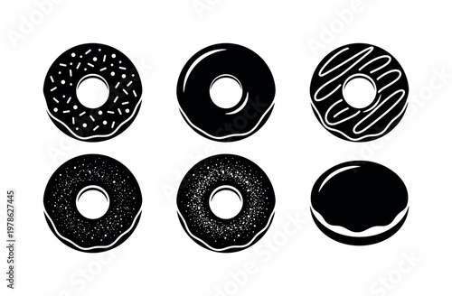 Donuts with toppings including sprinkled donut, glazed donut smooth surface, icing drizzled donut, chocolate coated donut,