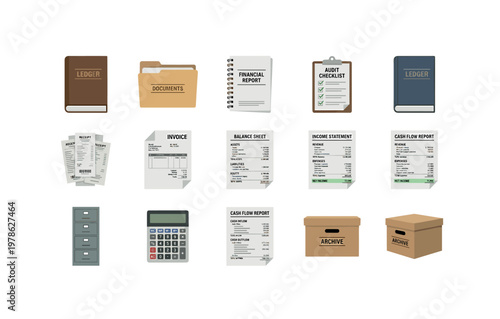 Audit preparation essentials with audit checklist, document folder, financial report, ledger book, receipt stack, invoice document