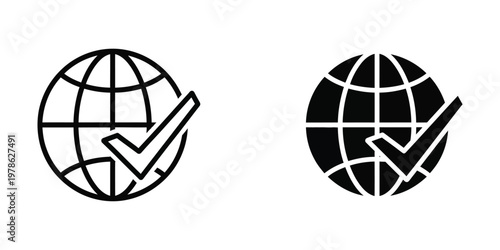 Contrastive globe icons with checkmark symbols representing approval or validation