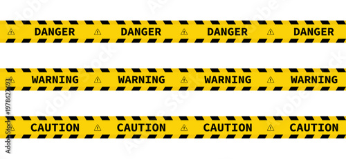 Warning tape set. Yellow and Black Warning zone, Warning tapes. Yellow warning, barricade ribbons. Abstract stripes for police, accident, under construction sign. Vector illustration.