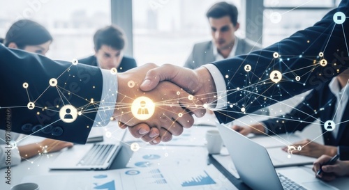 Business handshake with digital icons and network connections in the background.