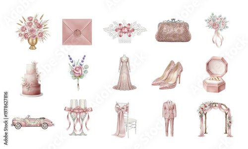 Set of dusty rose wedding elements and bridal accessories