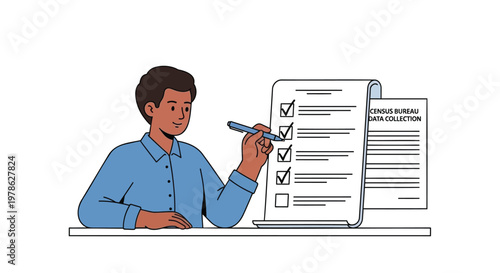 Businessman filling out form, checklist, paperwork, office task, vector illustration