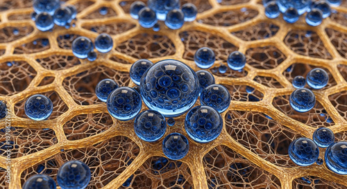 A microscopic view of a honeycomb structure with blue spheres