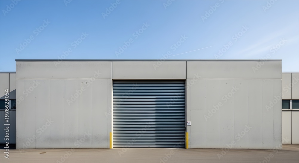 Fototapeta premium Modern industrial building with large roller door under a clear blue sky.